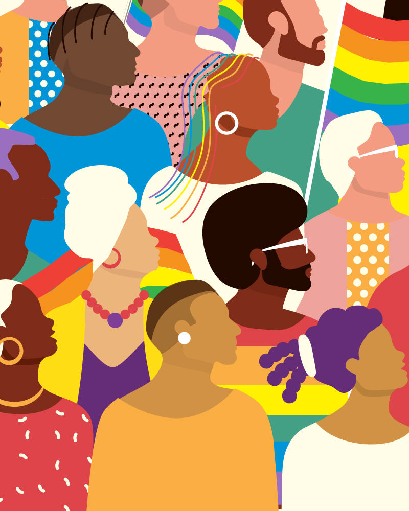 Illustration showing diverse groups of people around Pride flags