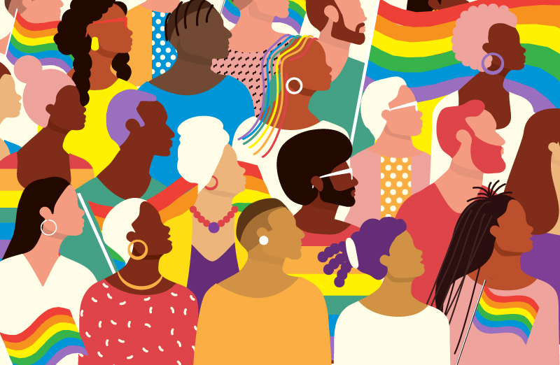 Illustration showing diverse groups of people around Pride flags
