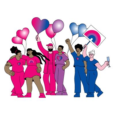 Group of bisexual people with flags and balloons 