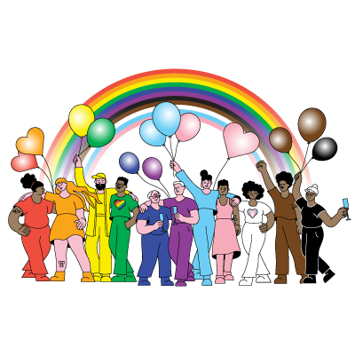 A group of people in front of a rainbow pride