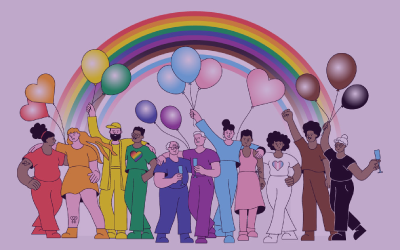 A group of LGBTQIA people with a pride flag