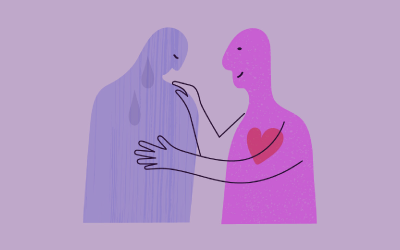 A sad person with a supportive person with a big heart